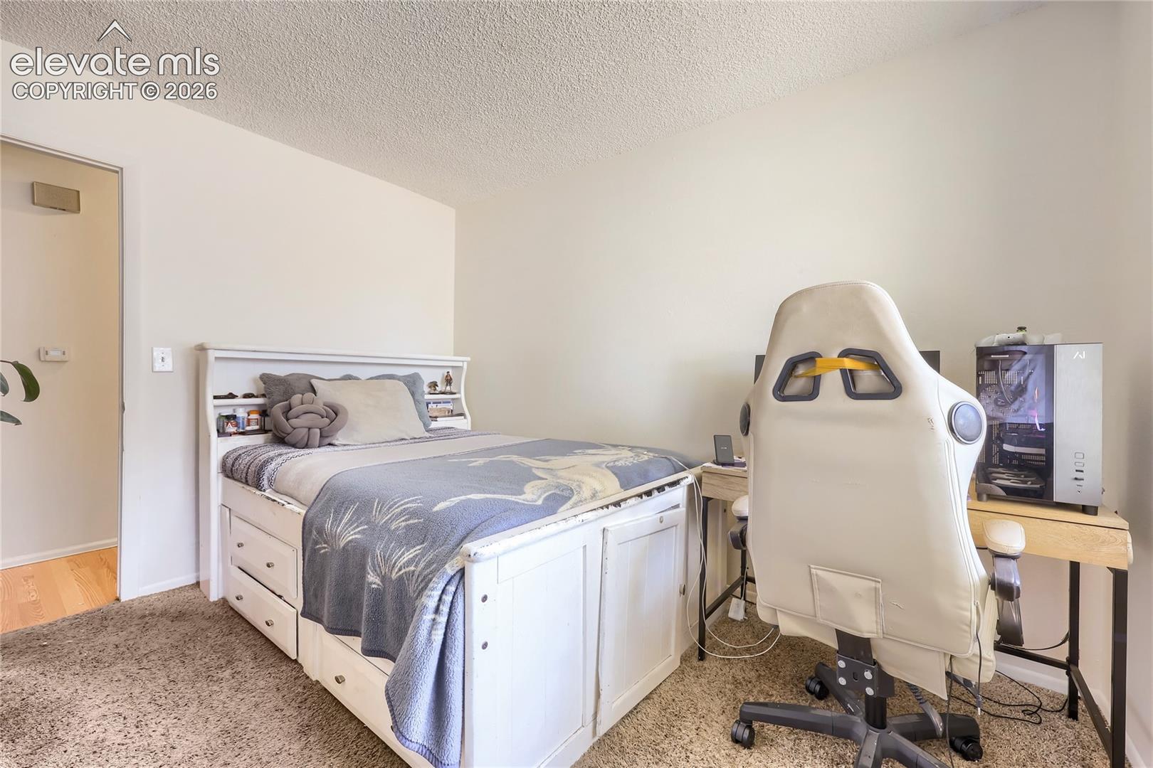 Room featuring neutral wall tones, textured ceiling finish, and carpeted flooring