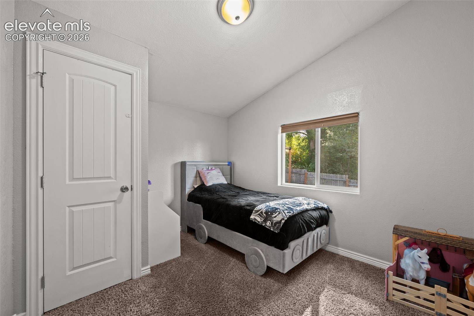 Vaulted ceiling, neutral wall tones, plush carpeting, and a sliding window featuring a window shade