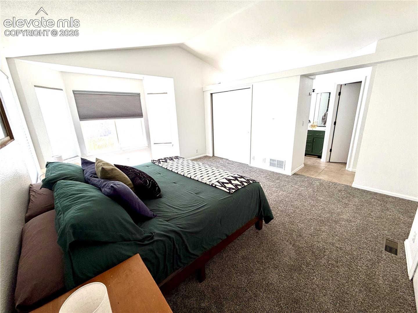 Carpeted room featuring a vaulted ceiling and bay windows with privacy blinds