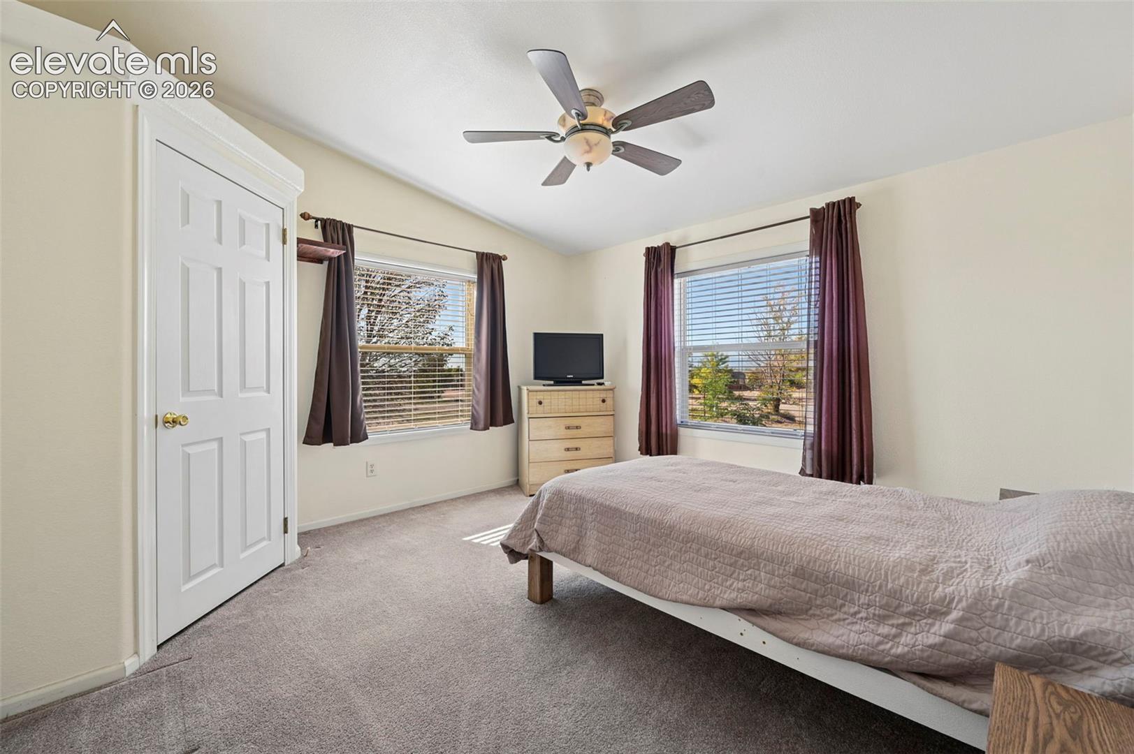Neutral-toned room featuring wall-to-wall carpeting, two dual-pane windows, and a ceiling fan with integrated lighting