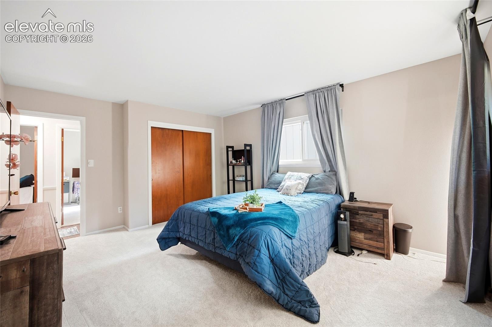 Neutral-toned interior space featuring light-colored wall-to-wall carpeting and wood-finished sliding closet doors