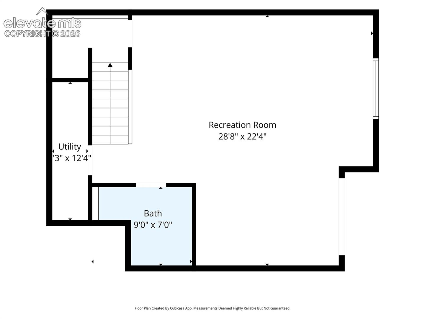 Floor plan – walkout basement: rec room, ¾ bath, utility