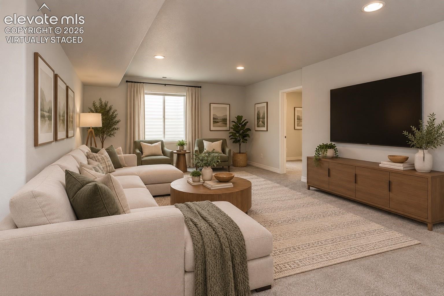Virtually staged basement living room