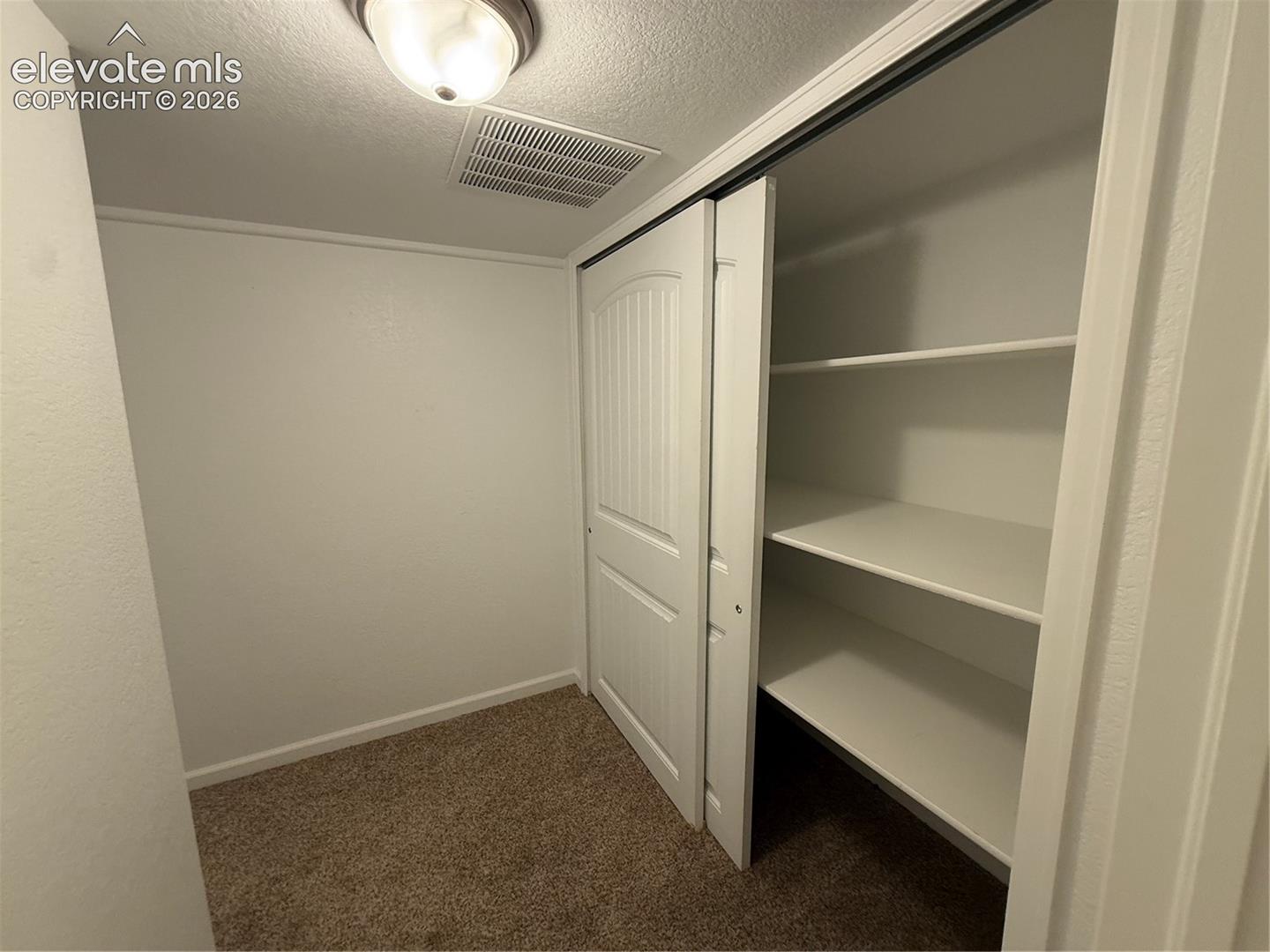 Storage area featuring carpeted flooring and a built-in closet with white paneled sliding doors and interior shelving