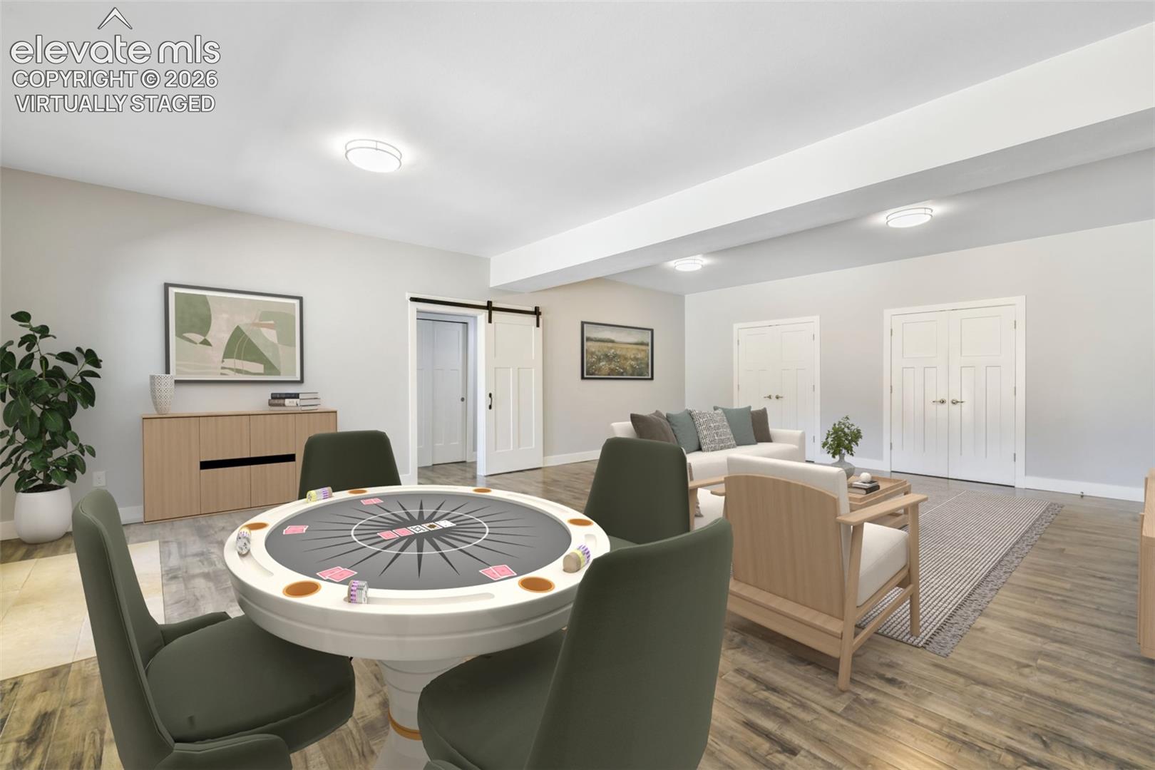 Huge family room for entertaining in basement virtually staged