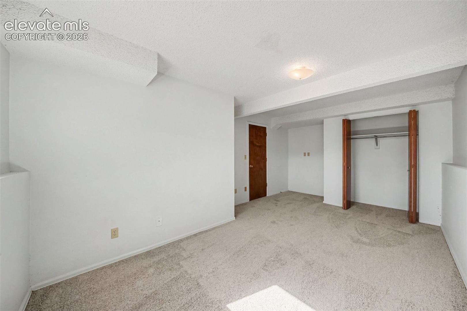 Neutral-toned wall-to-wall carpeting, wood-finish interior door, recessed closet with hanging rod, and ceiling-mounted flush light fixture
