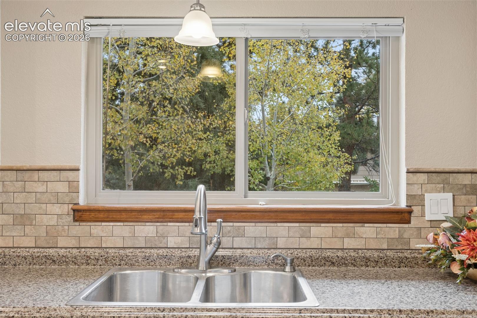 View into the private backyard from the dual SS sink and updated faucet