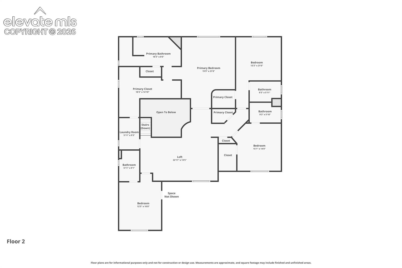 Upper-Level Floor Plan — Primary Suite, Three Additional Bedrooms, Loft & Laundry