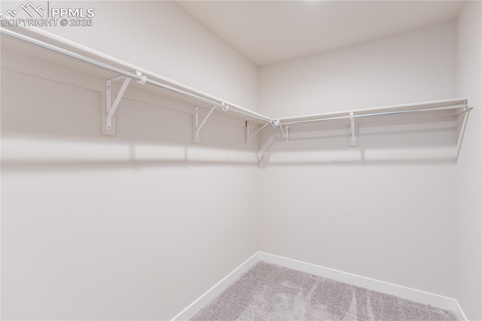 Master bath Walk in closet with light carpet