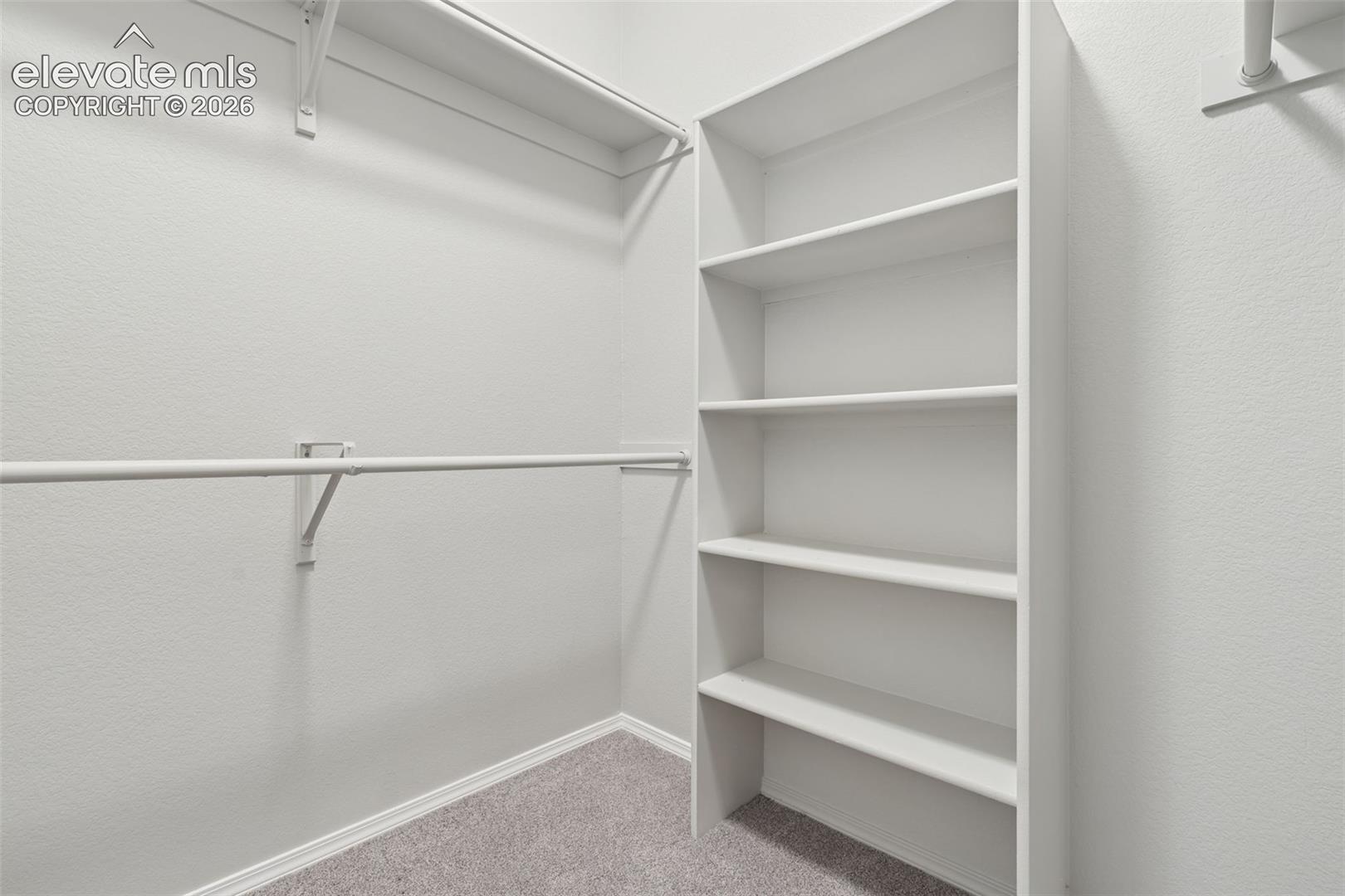 Built-in shelving unit, dual clothing rods, and wall-mounted shelving
