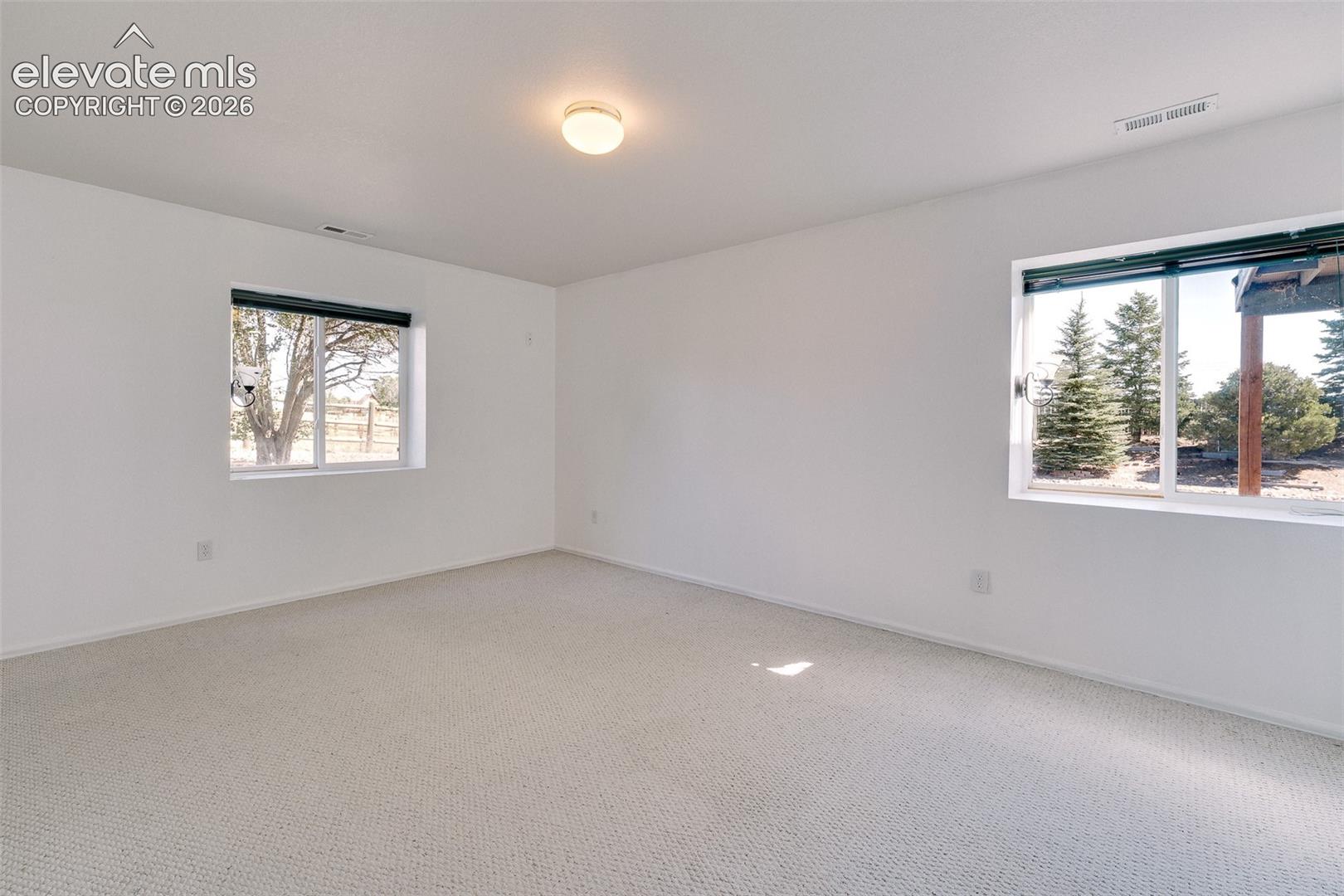 Basement Bedroom #5 has neutral carpet.