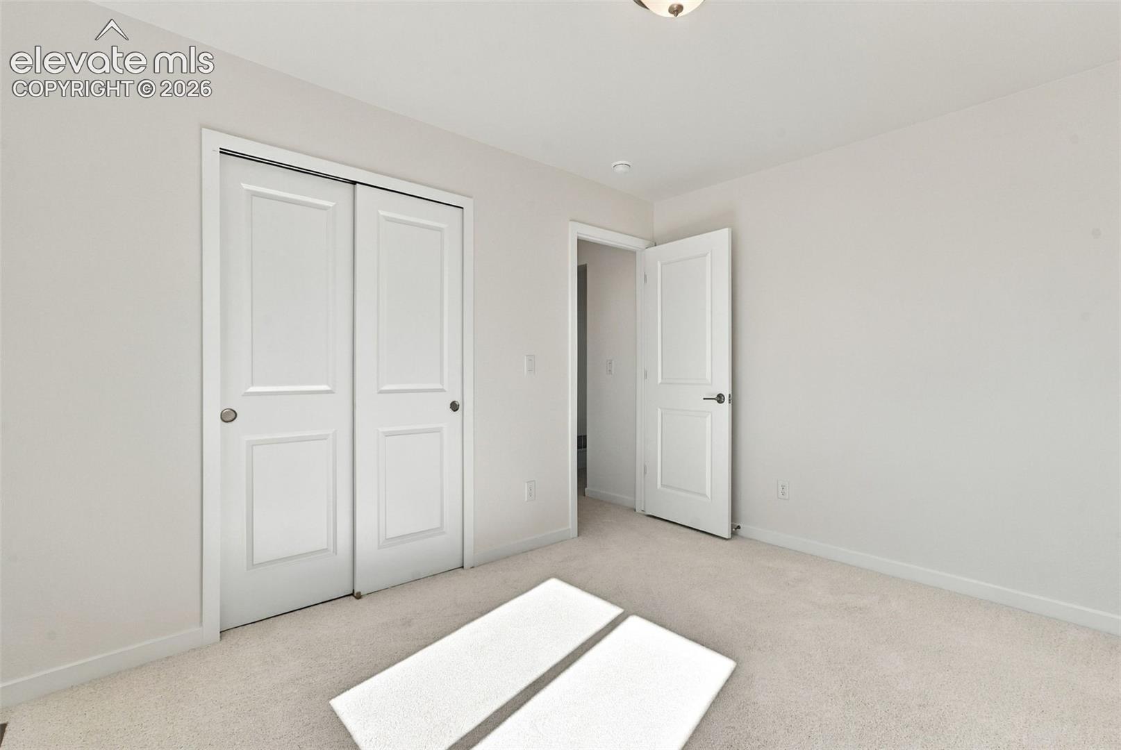 Neutral wall color, wall-to-wall carpeting, white paneled doors, and ceiling-mounted lighting