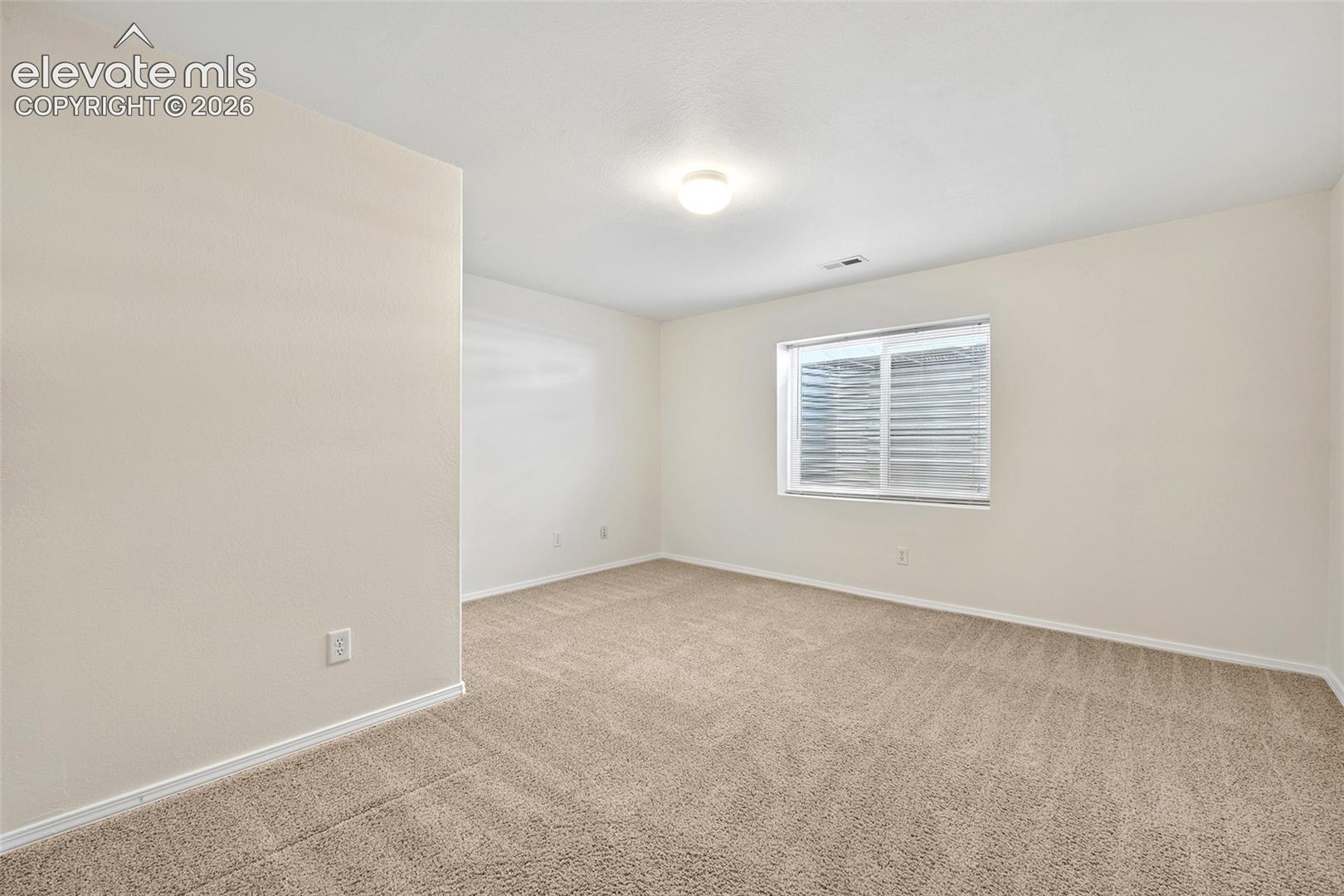Basement Bedroom, Neutral tone wall paint, flush mount ceiling light, carpeted flooring, and a single window with blinds