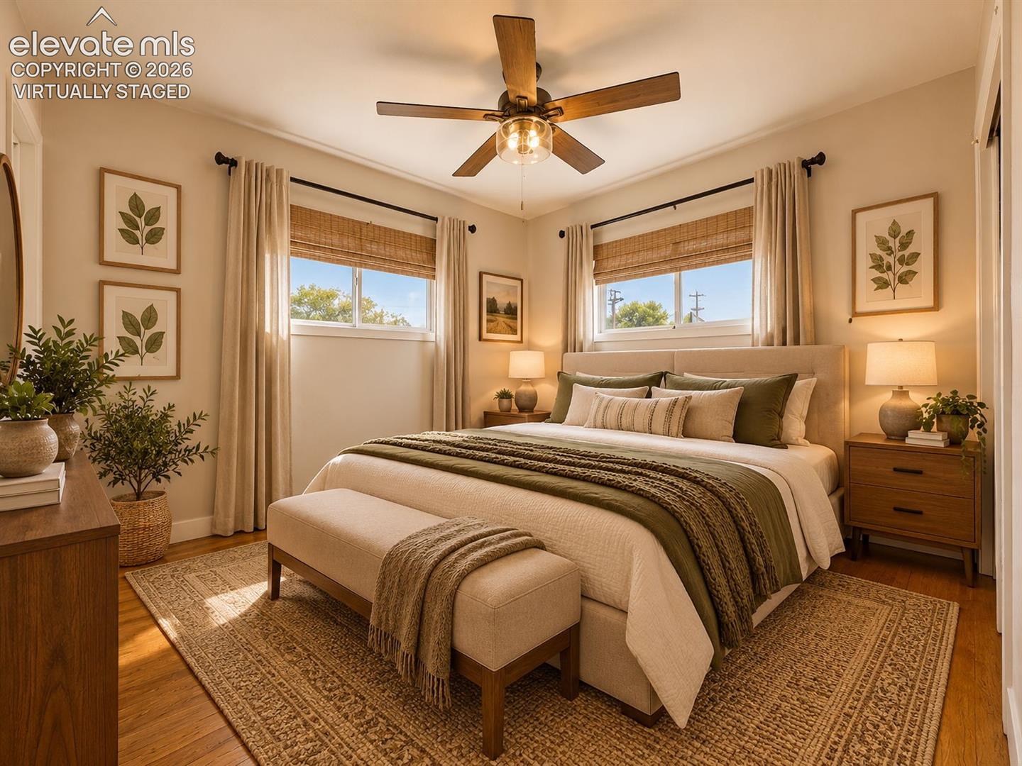 (Virtually Staged)
Bright, welcoming bedroom featuring hardwood flooring, windows on two walls, and a ceiling fan with lighting.  On suite bathroom