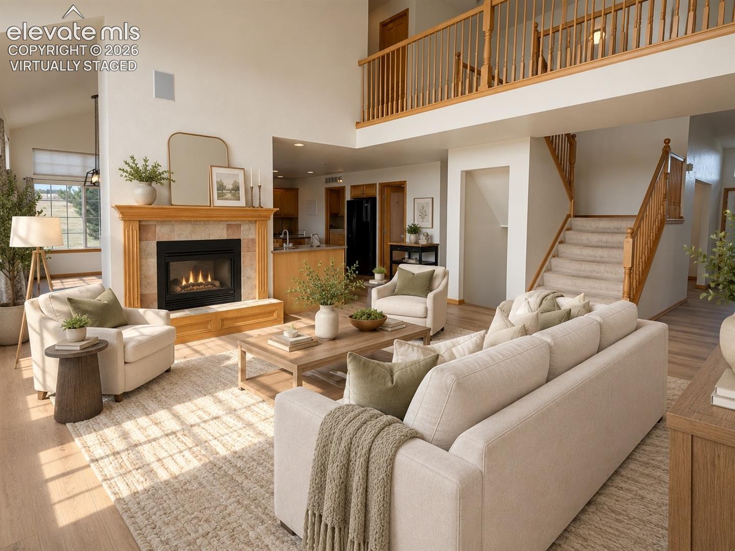 Two-story living area with a gas fireplace, a wood mantel, and tile surround. Virtually Staged