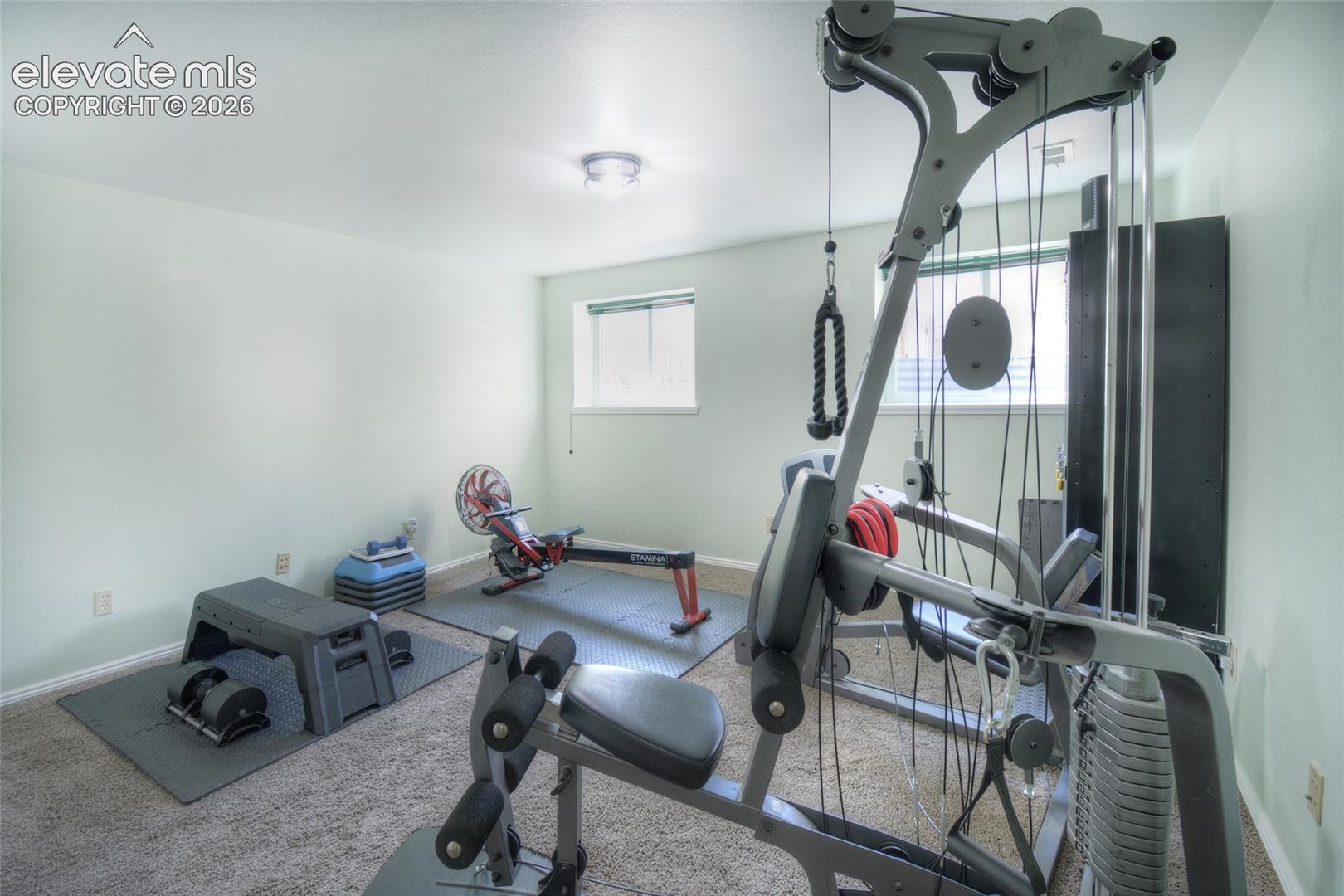 Lower level bedroom currently purposed as a workout room. 