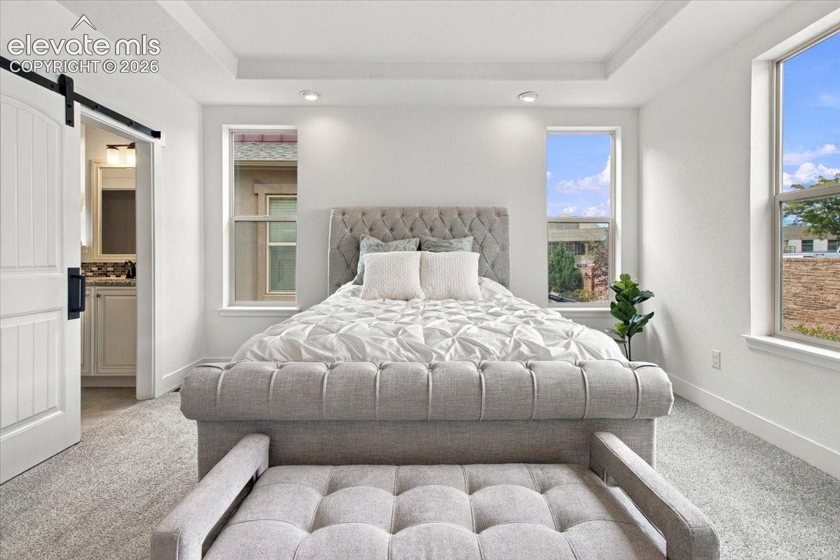 Tray ceiling, white sliding barn door with matte black hardware, recessed lighting, and dual pane windows