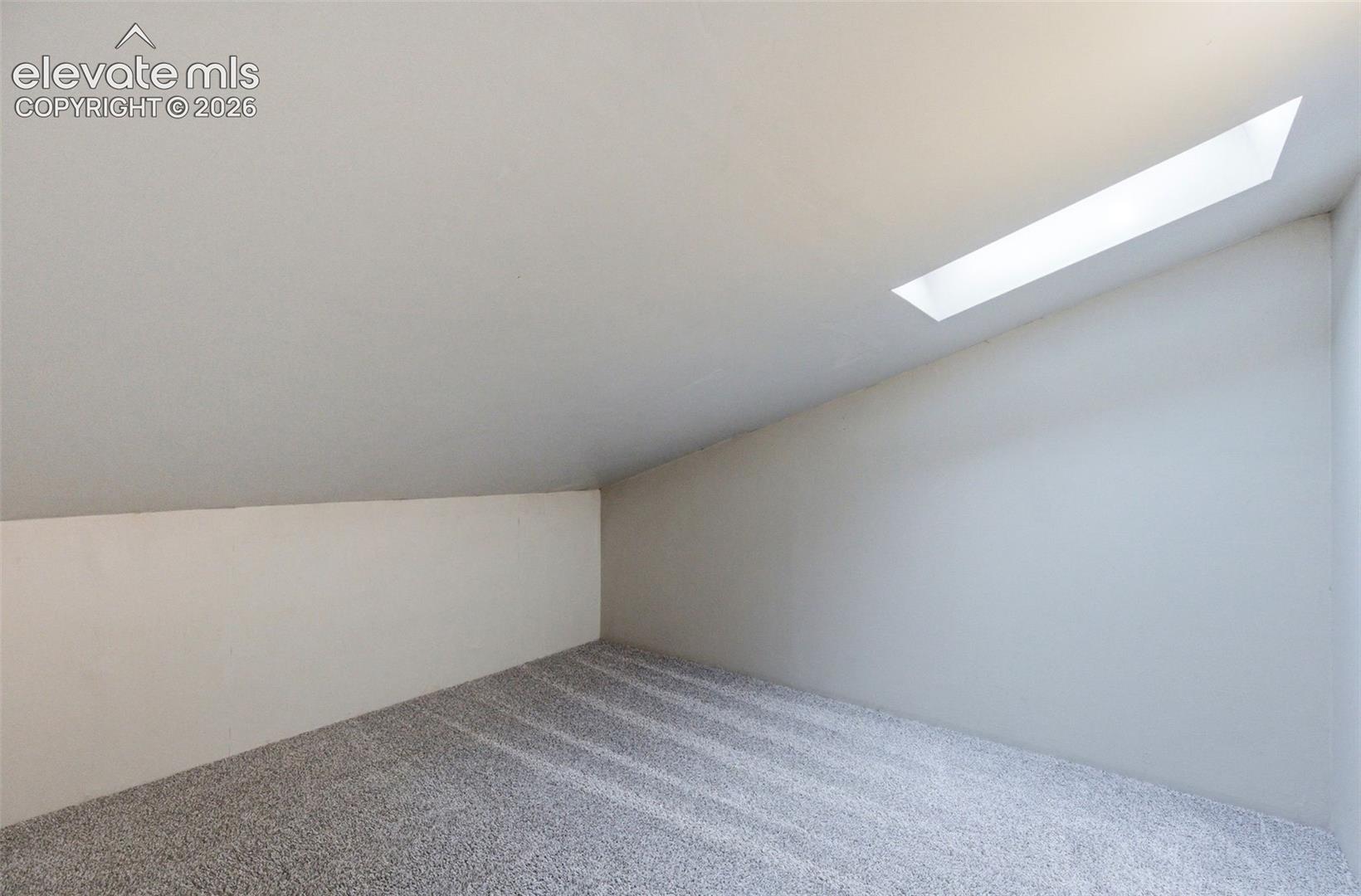 Room with a vaulted ceiling and skylight, featuring light gray carpeting and neutral wall tones