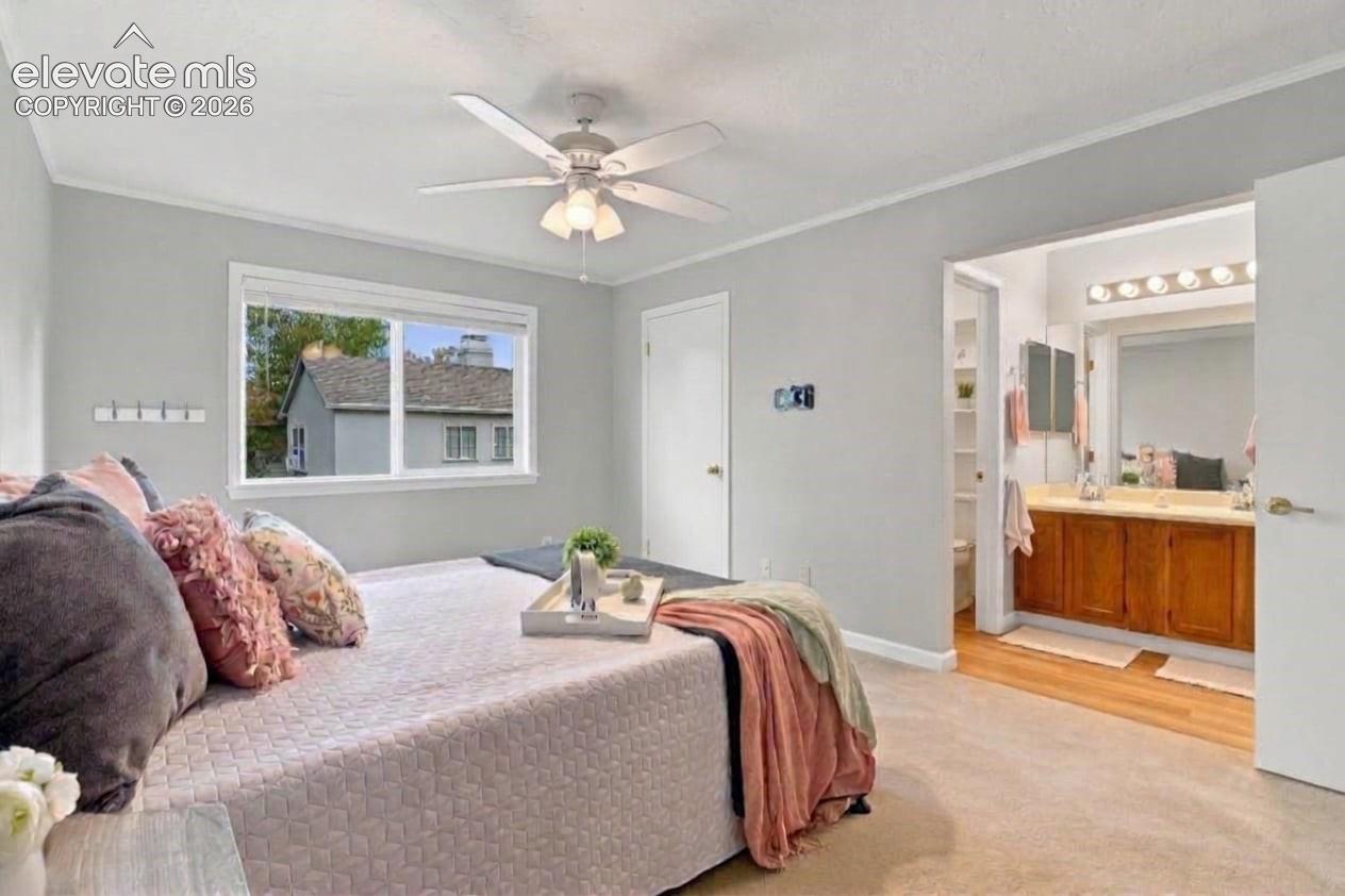 Neutral interior featuring wall-to-wall carpeting, ceiling fan with integrated lighting, horizontal sliding window, and wooden vanity with dual-sink countertop
