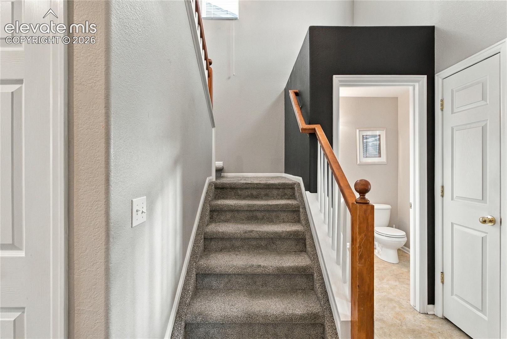 Staircase featuring wall-to-wall carpeting, wood-finish handrail, and white balusters