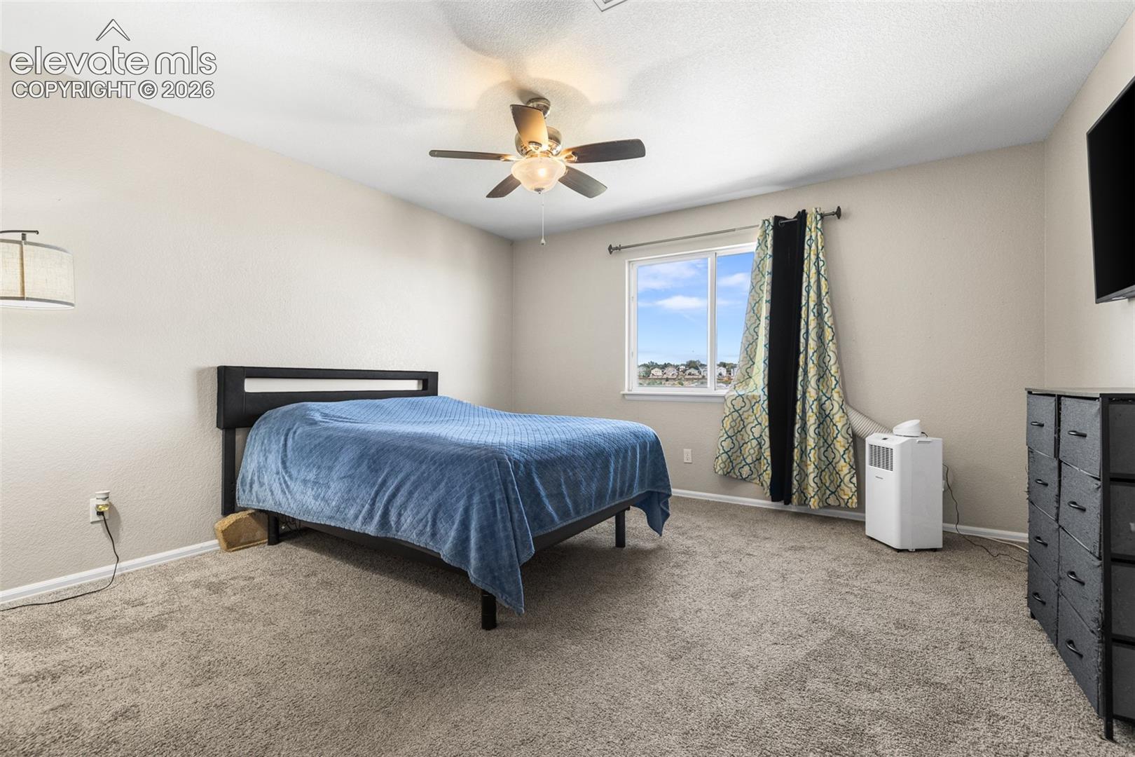 Neutral wall-to-wall carpeting, ceiling fan with integrated lighting, and a single-pane window