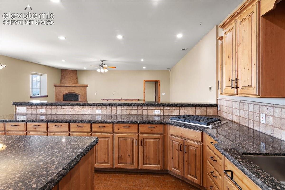 Looking into the living room over the raised breakfast bar
