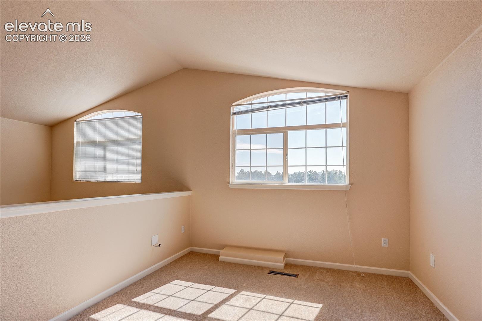 Third bedroom/Loft Vaulted ceilings, carpeted flooring, and windows with arched upper panes
