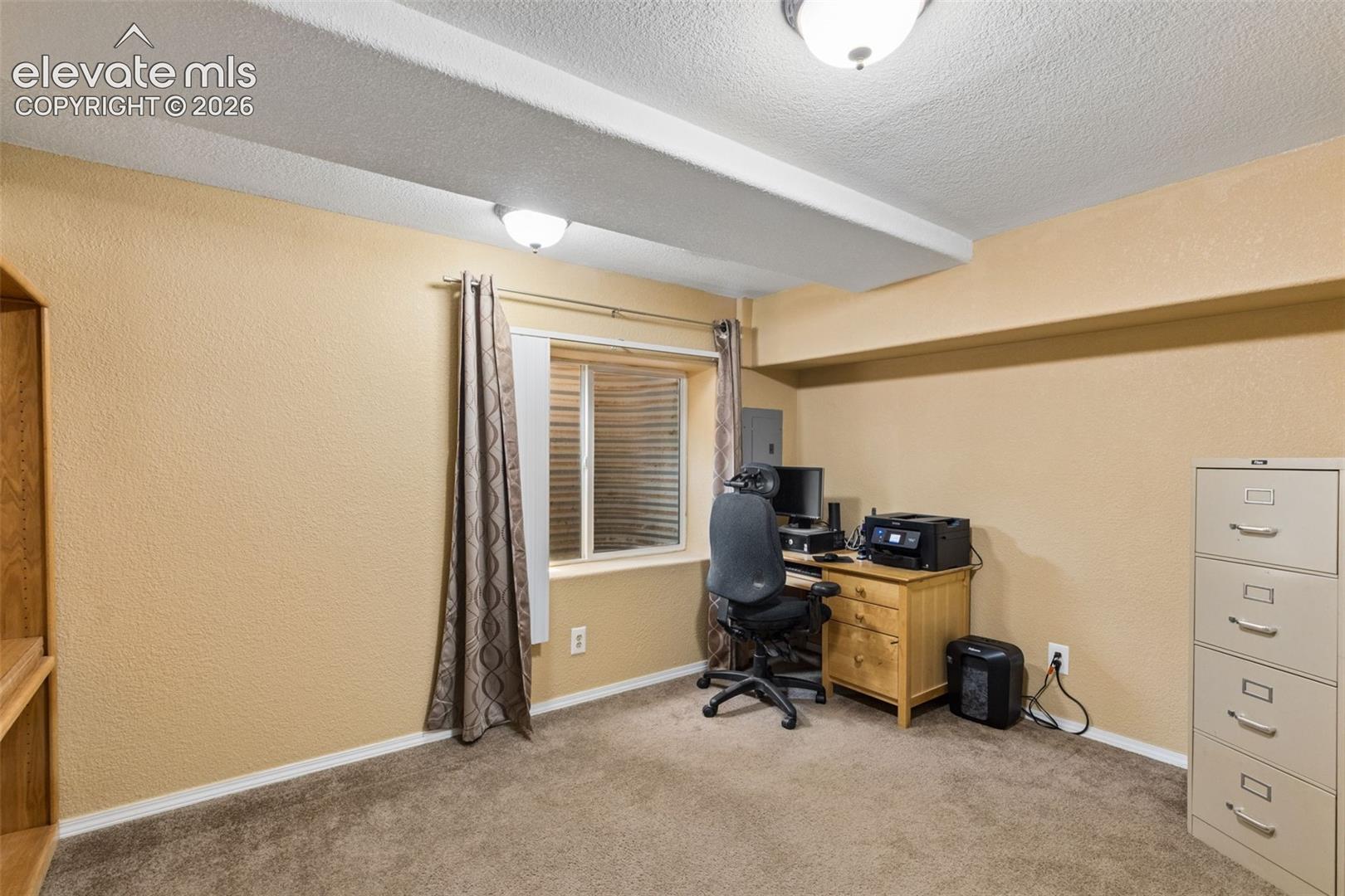 Neutral-toned interior space featuring textured wall finishes, neutral carpeting, and a recessed window with an exterior window well