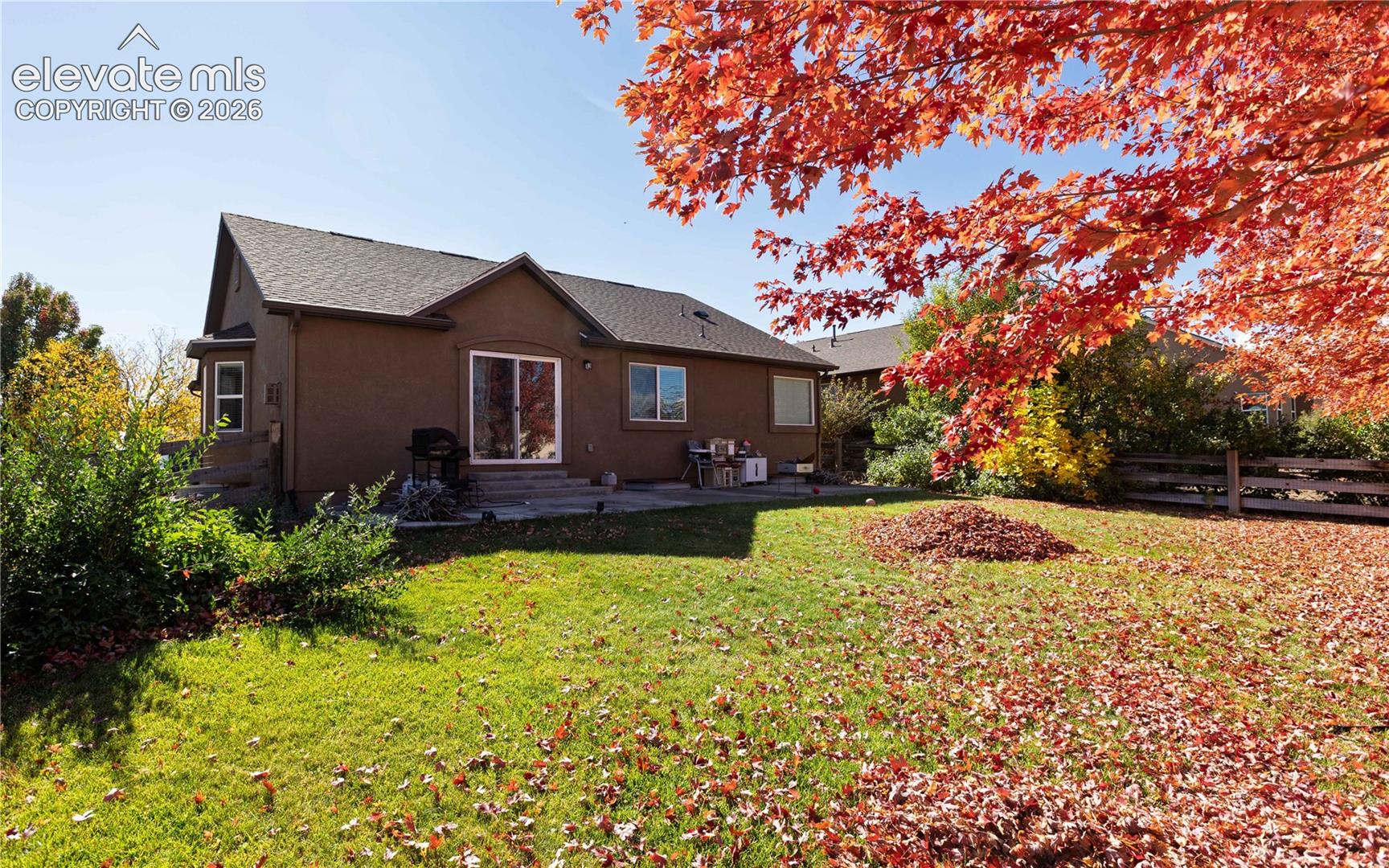 Rear exterior featuring a concrete patio, sliding glass doors, mature trees, and wood-style perimeter fencing