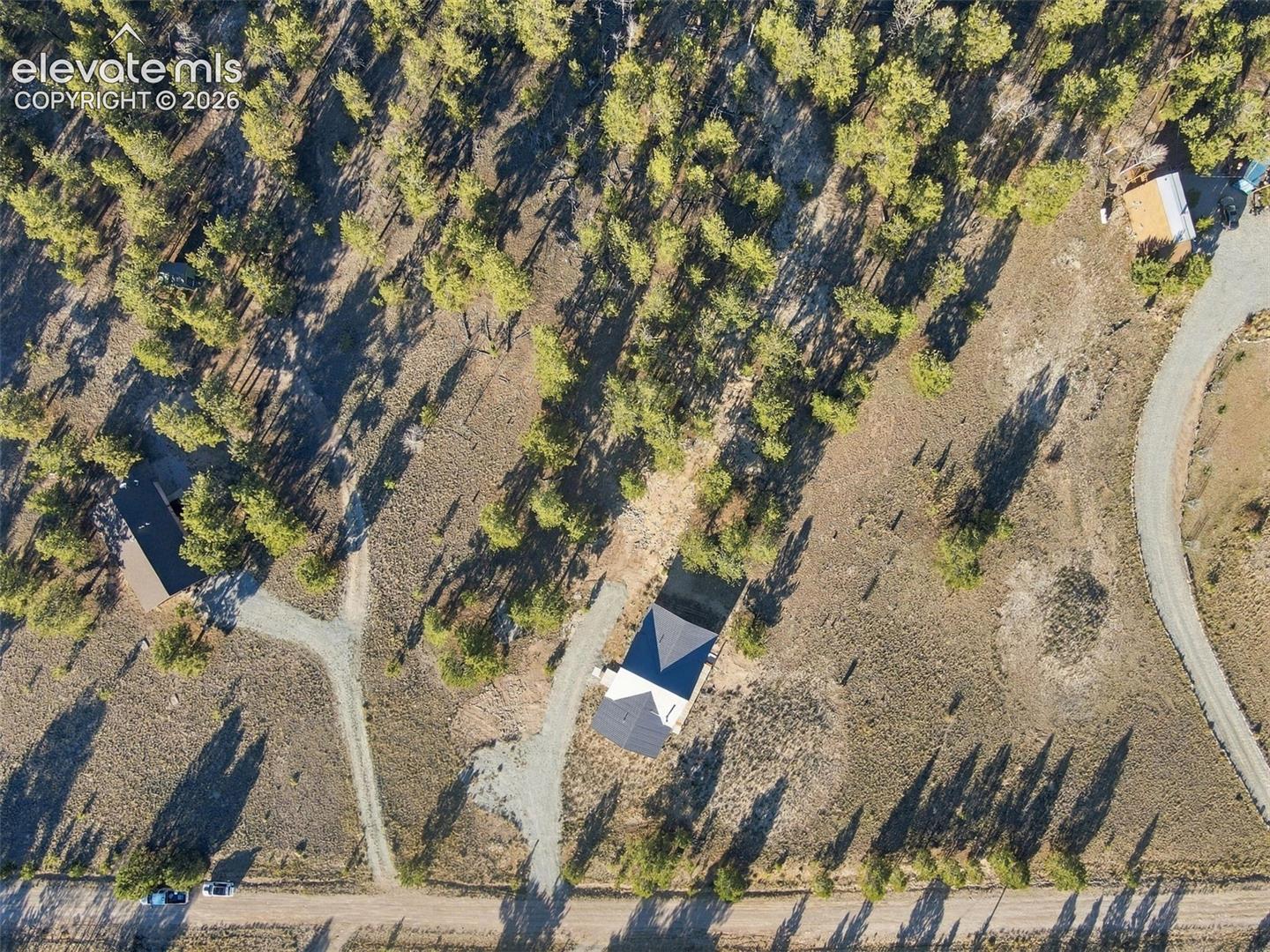 Aerial perspective of a sprawling lot featuring mature coniferous trees, native vegetation, gravel access paths, and a structure with a multi-pitched roof