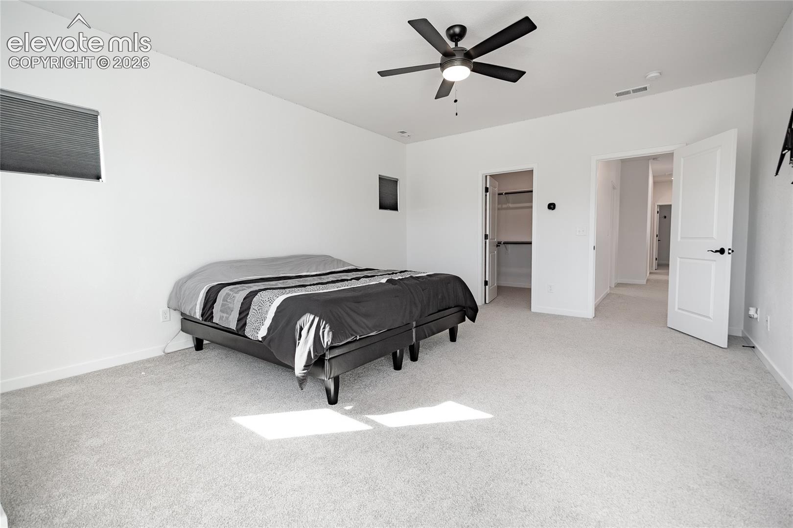 Neutral wall-to-wall carpeting, ceiling fan with integrated lighting, and multiple interior door access points