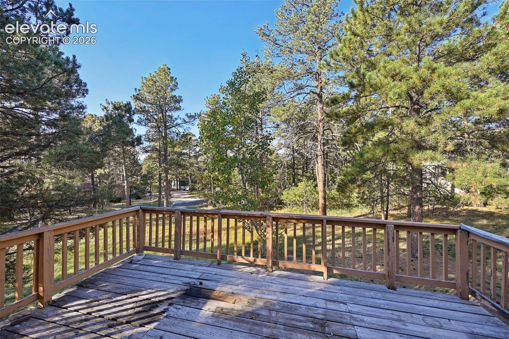 Expansive outdoor deck with wood railing, surrounded by mature trees and natural landscaping