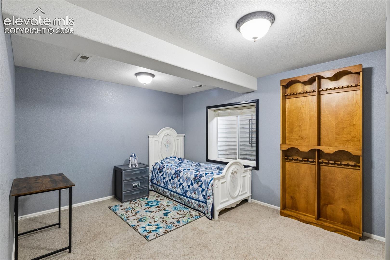 Room featuring carpeted flooring, built-in wooden shelving, a recessed window, and dual flush-mount light fixtures