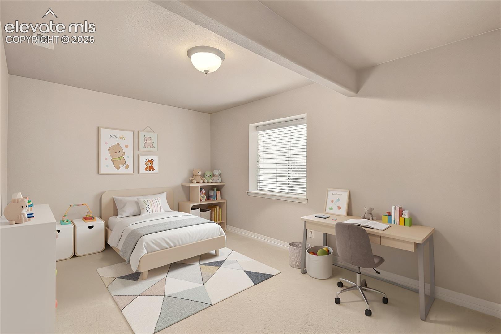 Neutral wall paint, window with blinds, overhead light fixture, and carpeted flooring