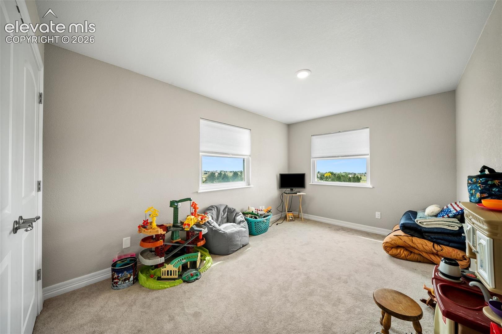 Carpeted interior space featuring two windows with roller shades, recessed ceiling lighting, and a white interior door with dark hardware