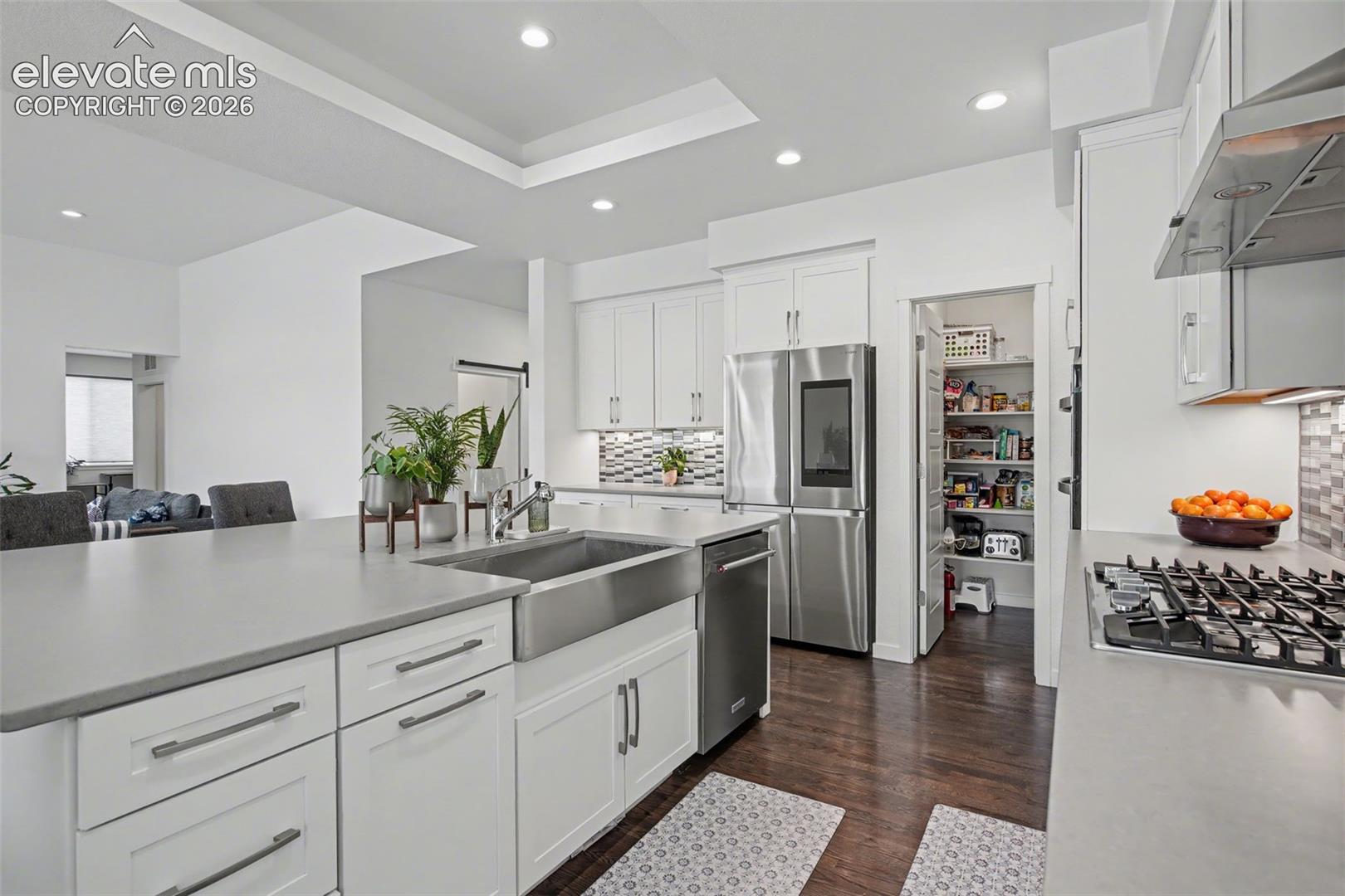 Kitchen with white cabinetry, range hood, stainless steel appliances, decorative backsplash, and a raised ceiling