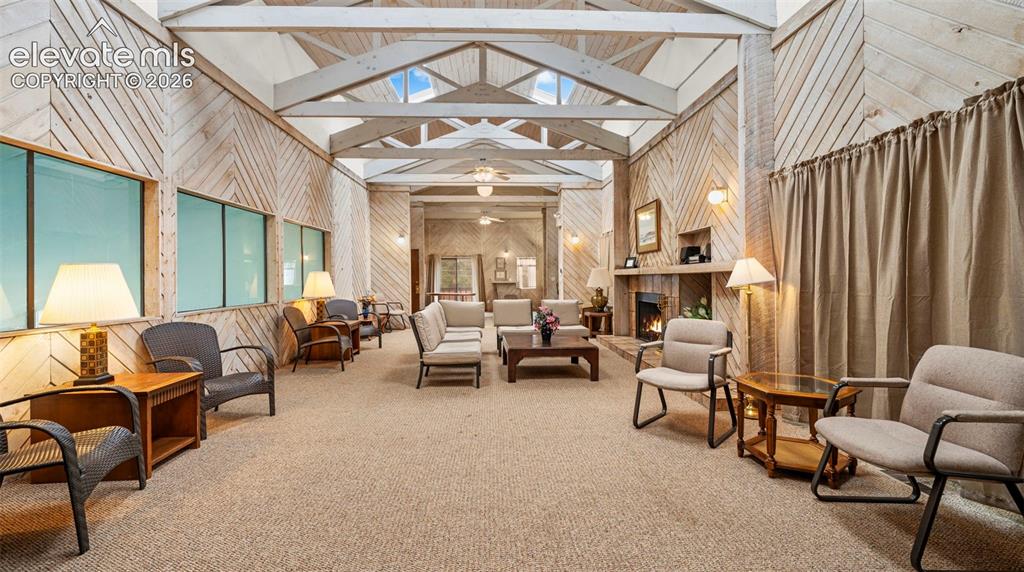 Vaulted ceiling with exposed wood beams