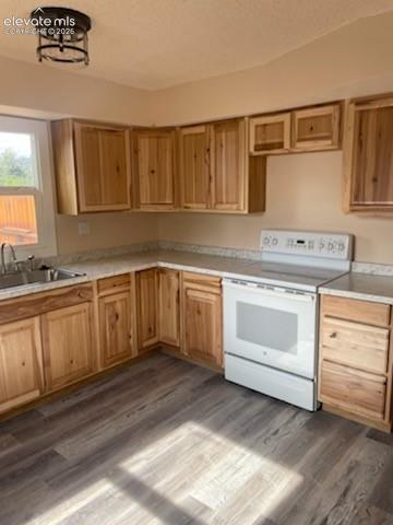 Kitchen featuring natural wood cabinetry, wood-finish flooring, stone-pattern laminate countertops, stainless steel dual-basin sink, and integrated metal-frame ceiling light