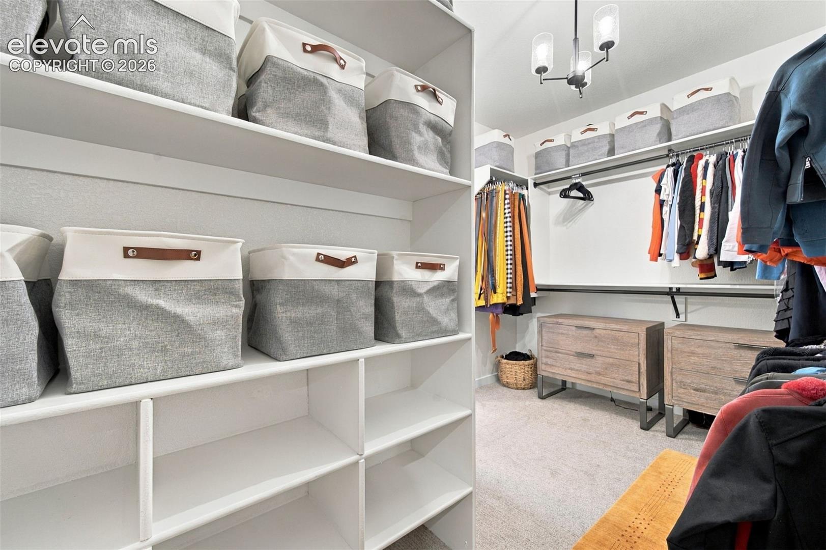 Custom walk-in closet featuring extensive white built-in shelving, dual wood-finish dresser units, metal hanging rods, and a multi-light fixture