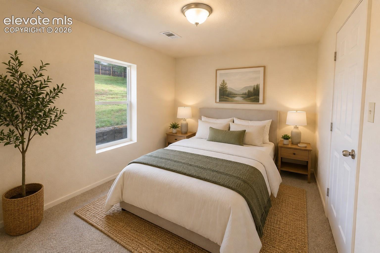 Neutral-toned carpeted flooring, window with natural lighting, and a solid-core interior door with metallic hardware