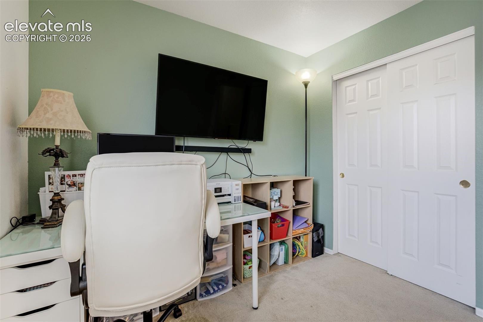 Wall-mounted display, built-in shelving, sliding panel closet doors, and carpet flooring