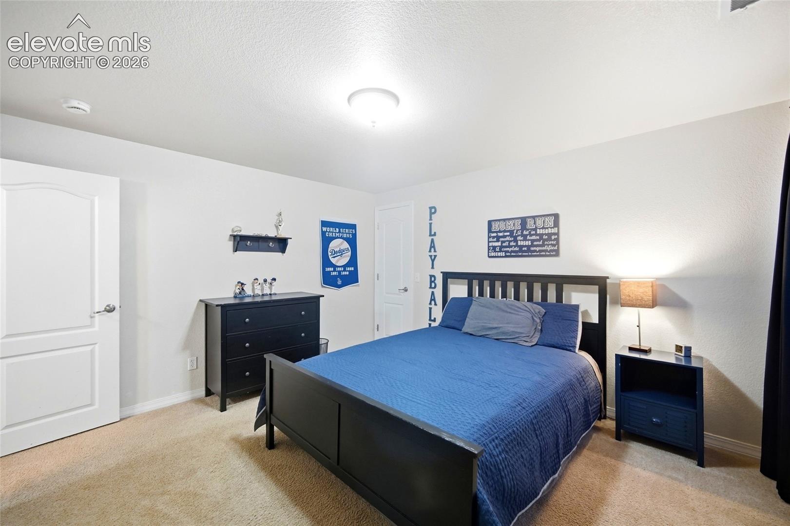 Recessed lighting and a flush mount ceiling fixture illuminate this carpeted room