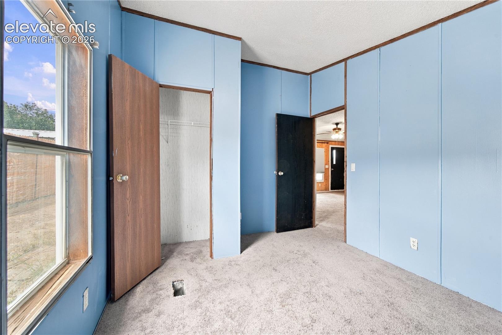 Carpeted flooring, paneled walls, and a window providing natural light