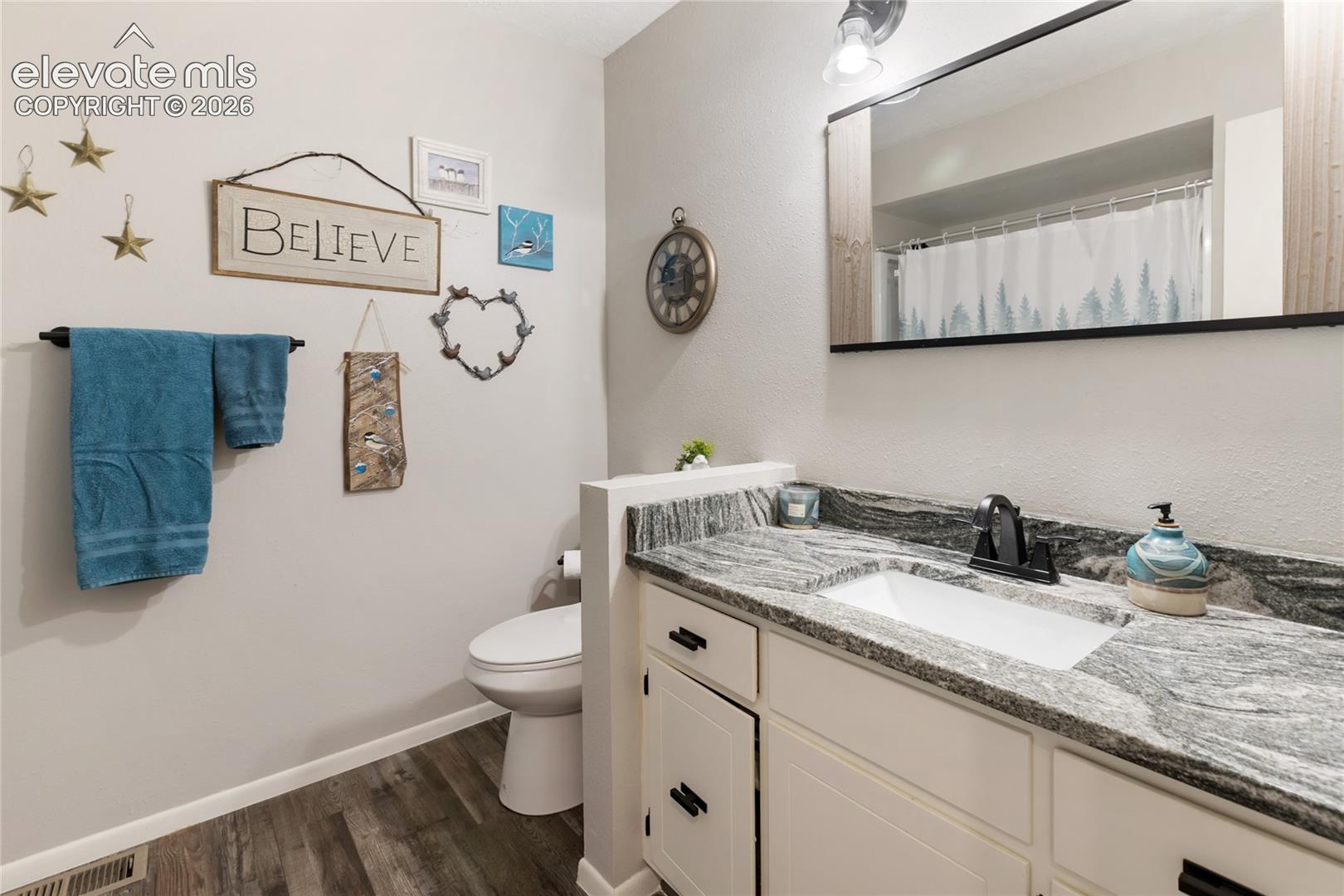 Bathroom featuring wood-finish flooring, a white vanity with panel-front cabinetry, a rectangular undermount sink, a stone countertop, and a black-framed mirror