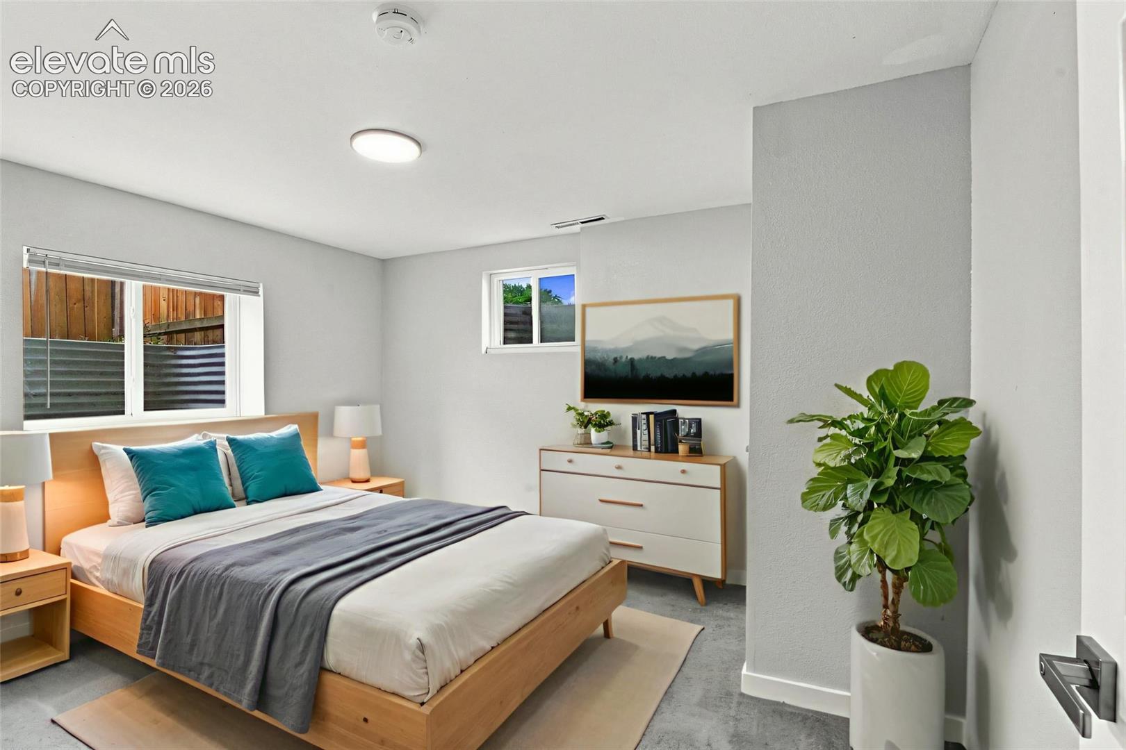 Interior room featuring neutral wall paint, gray carpeting, dual sliding and casement windows, and a flush-mount ceiling light fixture