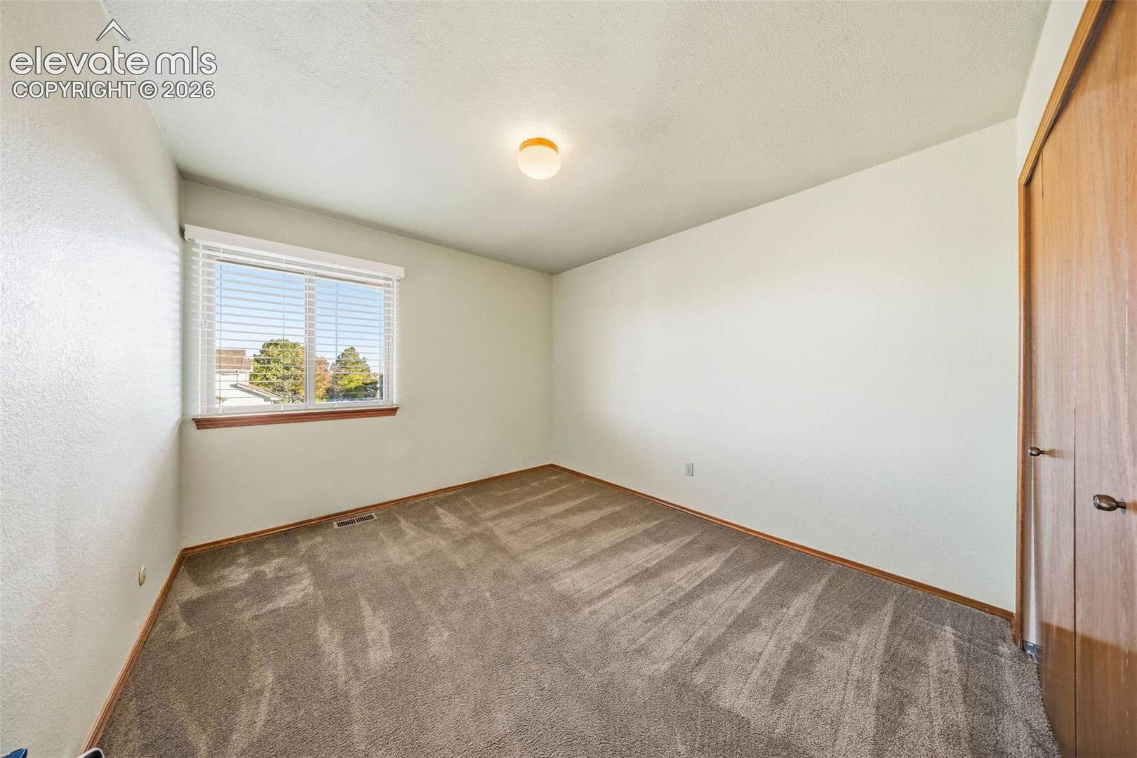 Neutral-toned interior space featuring carpeted flooring, a window with horizontal blinds, a ceiling-mounted light fixture, and a built-in closet with wood-finish doors