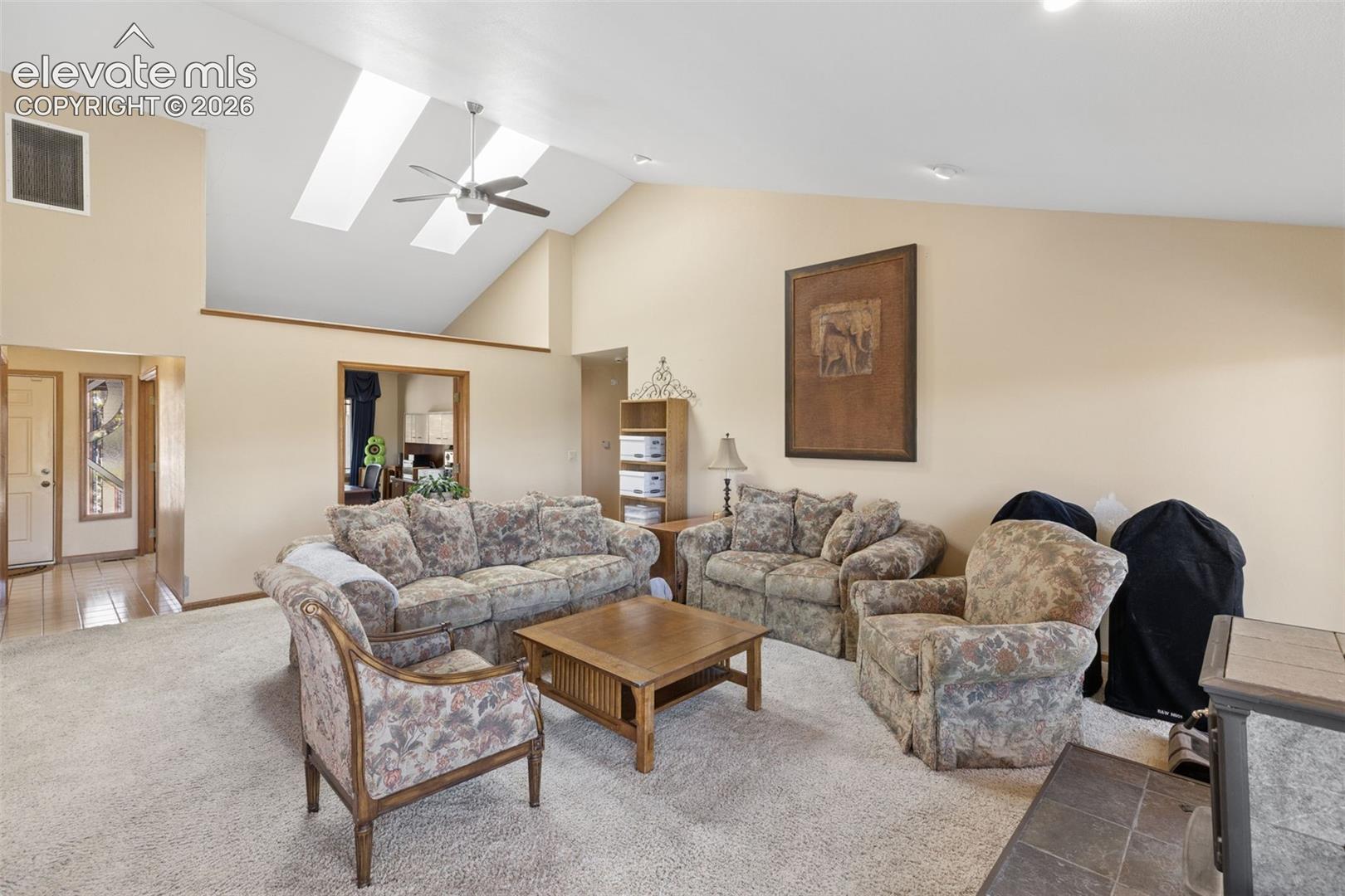 Vaulted ceilings with dual skylights, a center-mounted ceiling fan, and a tile-surround fireplace