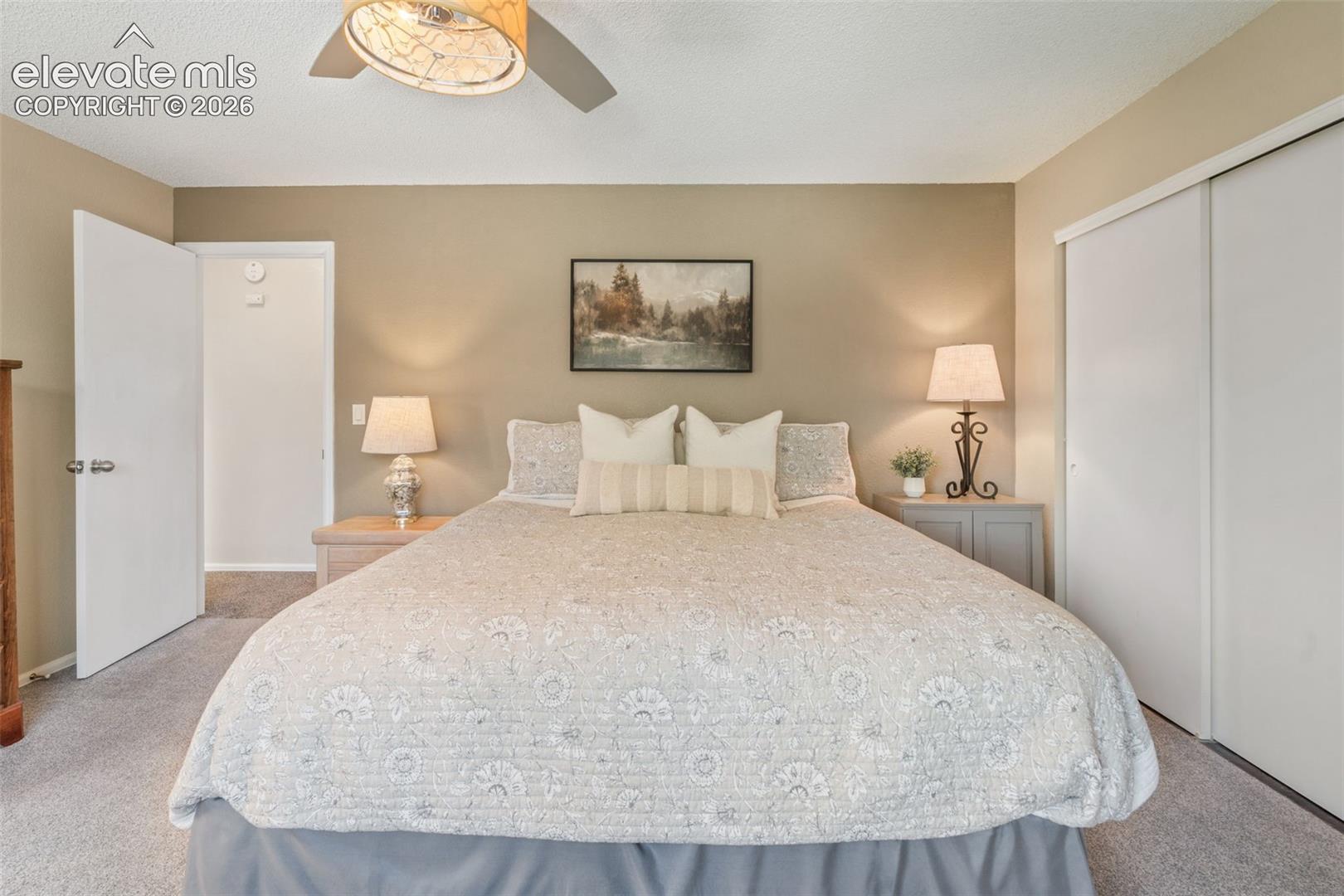 Neutral-toned room featuring wall-to-wall carpeting, ceiling-mounted light fixture, and sliding door closet