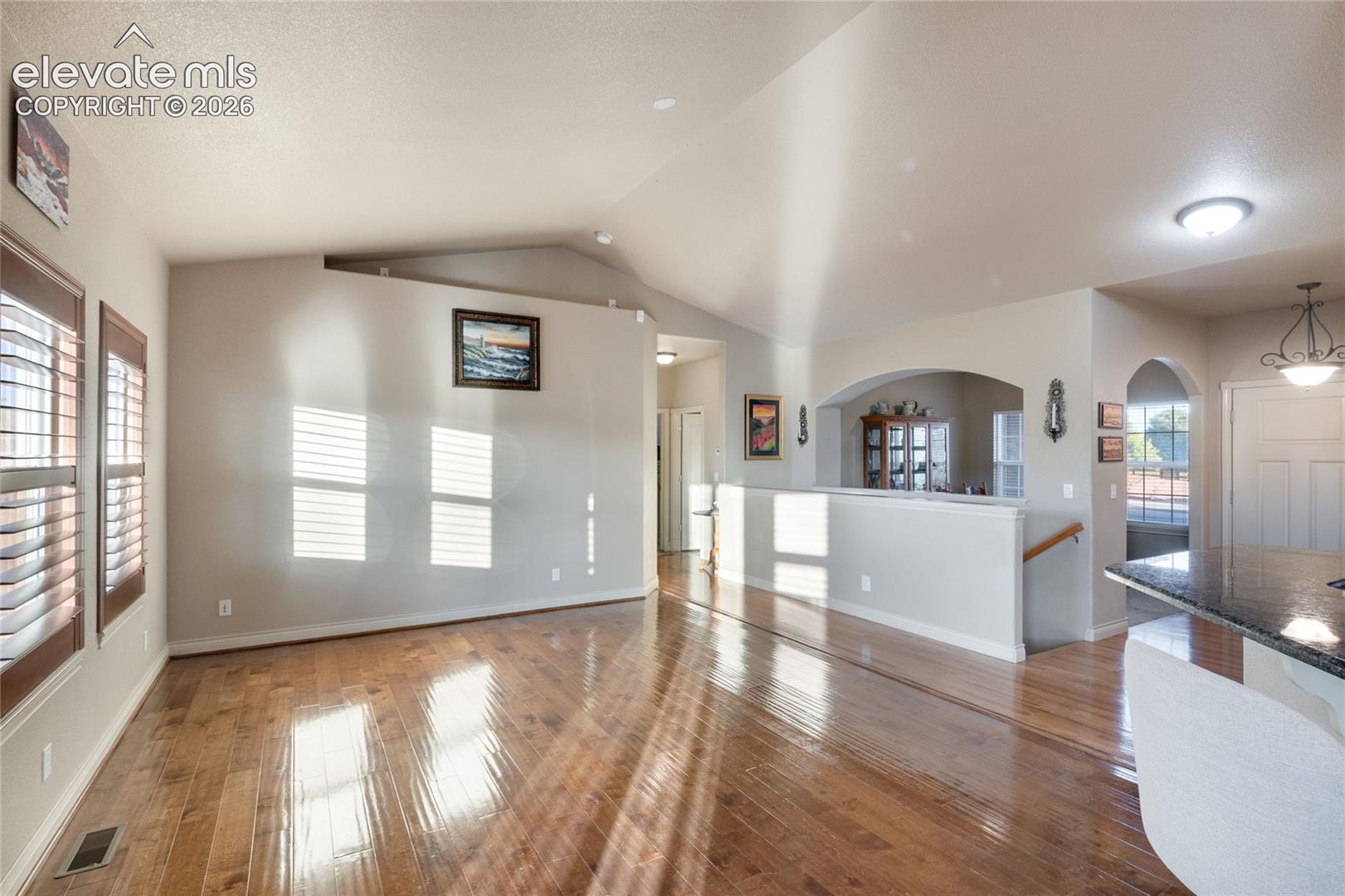 Vaulted ceilings, wood flooring, plantation shutters, arched wall openings, and a half-wall partition featuring a wooden handrail leading to the basement