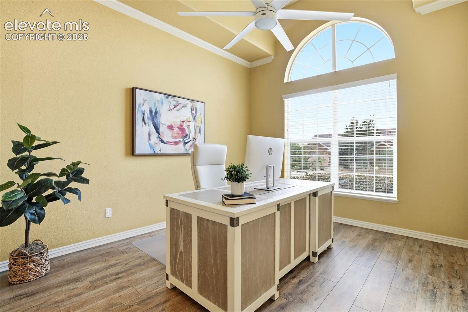 Bright formal dining with tray celling, crown molding, half-round transom window and wood flooring. Currently used as a home office but easy to adapt and fit your needs.